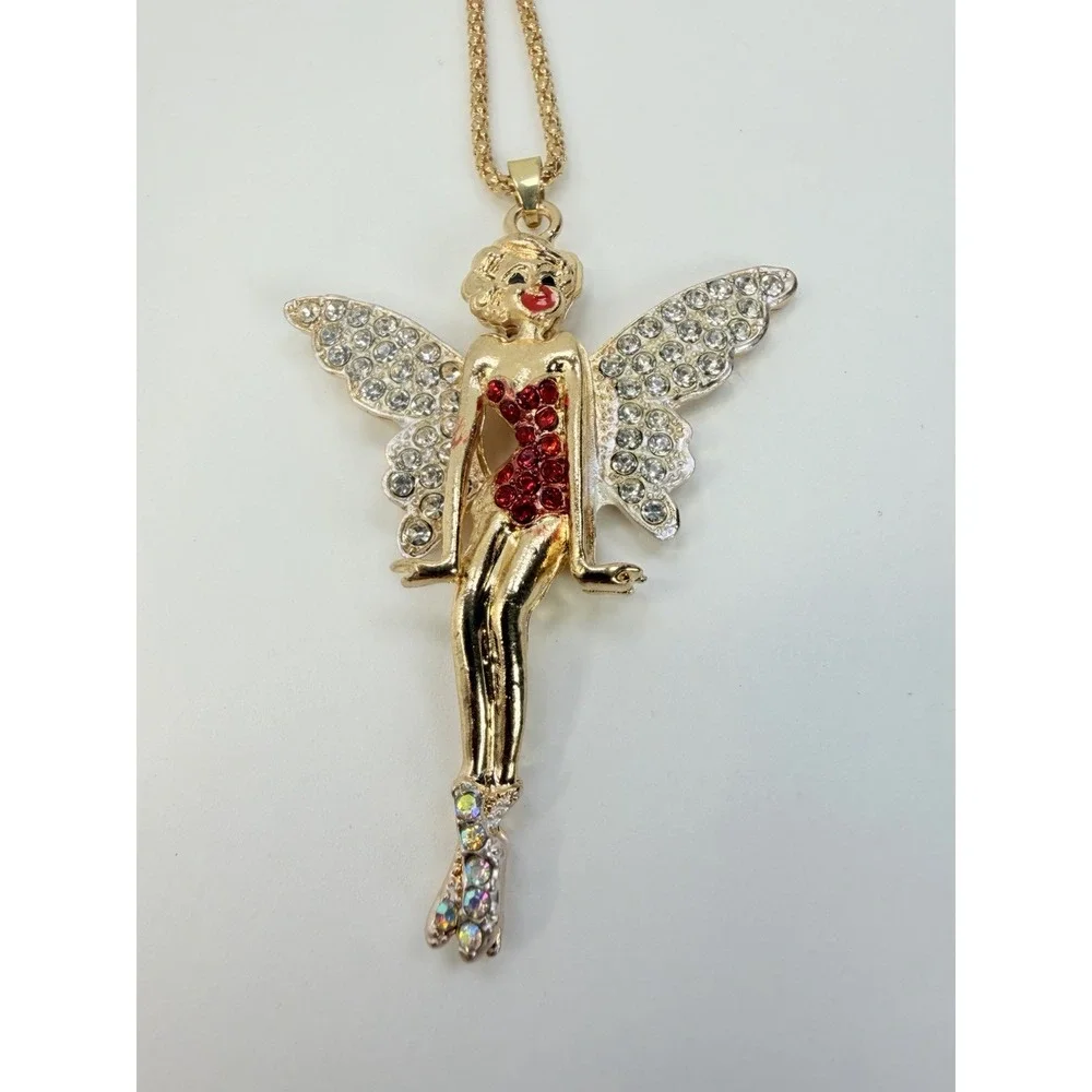 Red Rhinestone Wings Angel Elf Girl Fashion Women Pendant Necklace Gold Tone